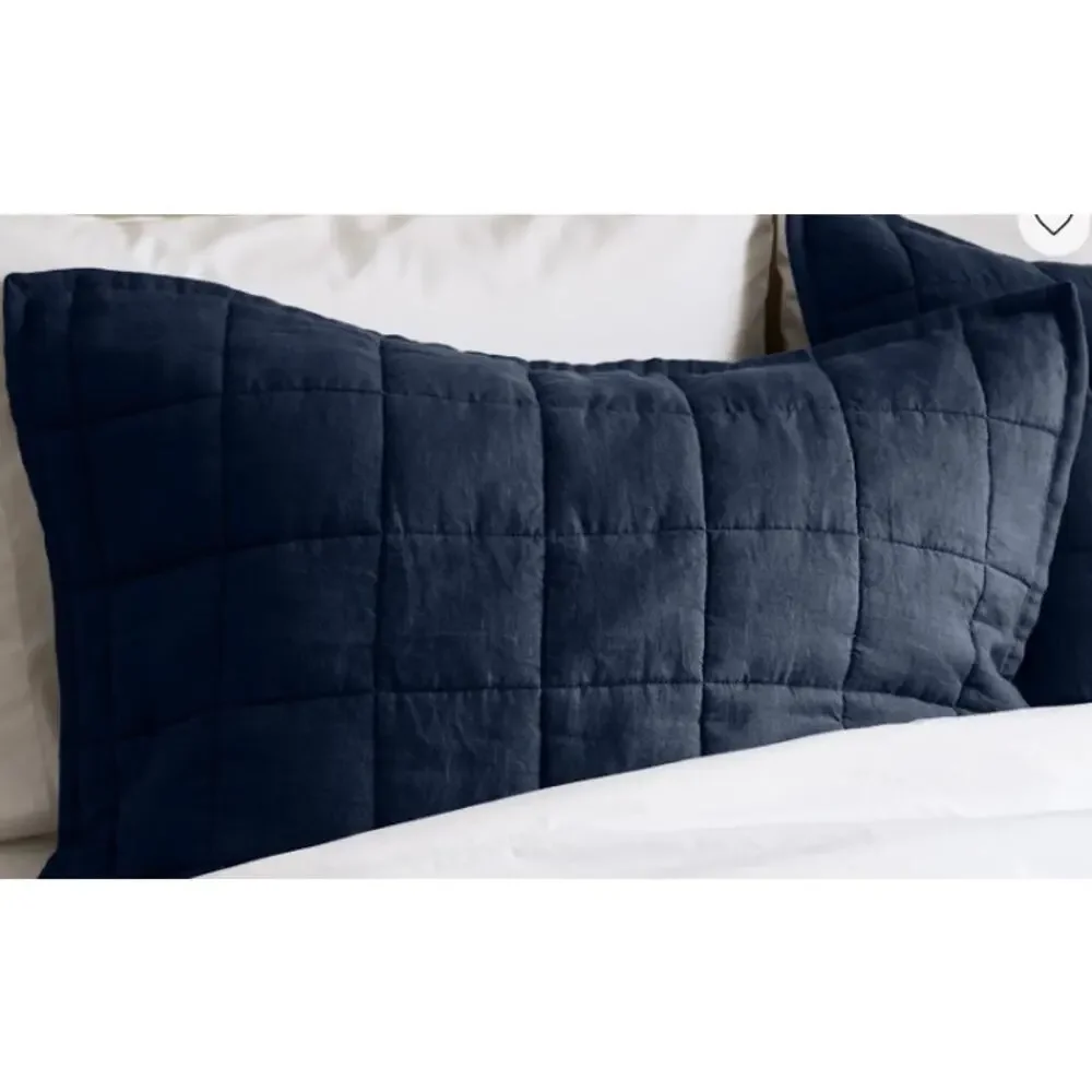 Quince Sham Set Navy Blue European Linen Box Quilted NEW